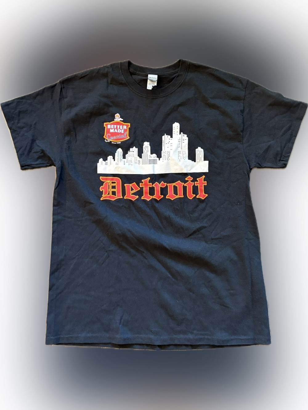 Gildan Black Detroit Skyline Better Made Chips T-Shirt with White and Red Print